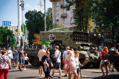 KYIV, UKRAINE - August 21, 2022: Parade before Independent Day of Ukraine with Close up of destroyed military equipment of the russian invaders in the center of the Kyiv.