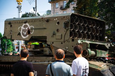 KYIV, UKRAINE - August 21, 2022: Parade before Independent Day of Ukraine with Close up of destroyed military equipment of the russian invaders in the center of the Kyiv.