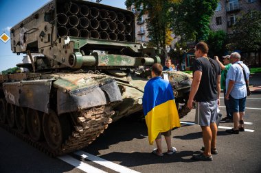 KYIV, UKRAINE - August 21, 2022: Parade before Independent Day of Ukraine with Close up of destroyed military equipment of the russian invaders in the center of the Kyiv.