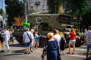 KYIV, UKRAINE - August 21, 2022: Parade before Independent Day of Ukraine with Close up of destroyed military equipment of the russian invaders in the center of the Kyiv.