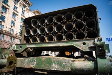 KYIV, UKRAINE - August 21, 2022: Parade before Independent Day of Ukraine with Close up of destroyed military equipment of the russian invaders in the center of the Kyiv.