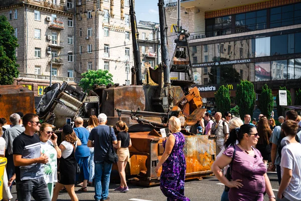 KYIV, UKRAINE - August 21, 2022: Parade before Independent Day of Ukraine with Close up of destroyed military equipment of the russian invaders in the center of the Kyiv.