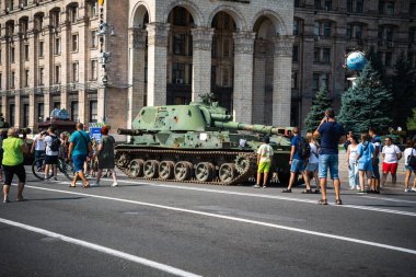 KYIV, UKRAINE - August 21, 2022: Parade before Independent Day of Ukraine with Close up of destroyed military equipment of the russian invaders in the center of the Kyiv.