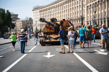 KYIV, UKRAINE - August 21, 2022: Parade before Independent Day of Ukraine with Close up of destroyed military equipment of the russian invaders in the center of the Kyiv.