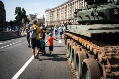KYIV, UKRAINE - August 21, 2022: Parade before Independent Day of Ukraine with Close up of destroyed military equipment of the russian invaders in the center of the Kyiv.