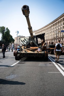 KYIV, UKRAINE - August 21, 2022: Parade before Independent Day of Ukraine with Close up of destroyed military equipment of the russian invaders in the center of the Kyiv.