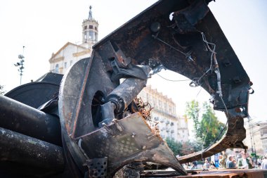 KYIV, UKRAINE - August 21, 2022: Parade before Independent Day of Ukraine with Close up of destroyed military equipment of the russian invaders in the center of the Kyiv.