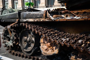 KYIV, UKRAINE - August 21, 2022: Parade before Independent Day of Ukraine with Close up of destroyed military equipment of the russian invaders in the center of the Kyiv.