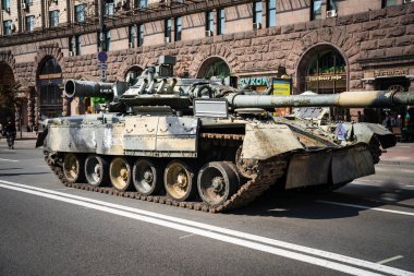KYIV, UKRAINE - August 21, 2022: Parade before Independent Day of Ukraine with Close up of destroyed military equipment of the russian invaders in the center of the Kyiv.