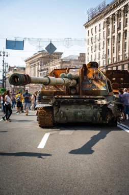 KYIV, UKRAINE - August 21, 2022: Parade before Independent Day of Ukraine with Close up of destroyed military equipment of the russian invaders in the center of the Kyiv.