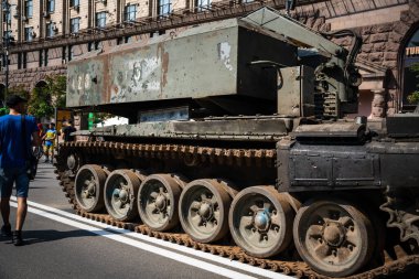 KYIV, UKRAINE - August 21, 2022: Parade before Independent Day of Ukraine with Close up of destroyed military equipment of the russian invaders in the center of the Kyiv.