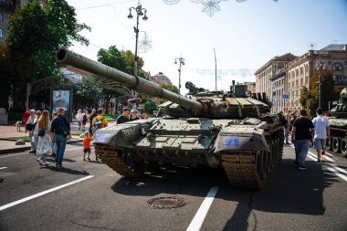 KYIV, UKRAINE - August 21, 2022: Parade before Independent Day of Ukraine with Close up of destroyed military equipment of the russian invaders in the center of the Kyiv.