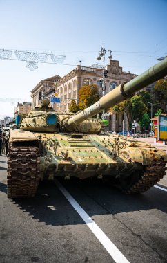 KYIV, UKRAINE - August 21, 2022: Parade before Independent Day of Ukraine with Close up of destroyed military equipment of the russian invaders in the center of the Kyiv.