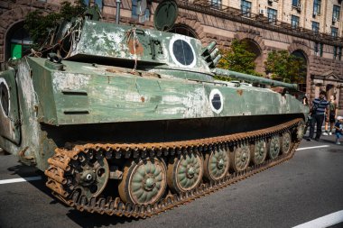 KYIV, UKRAINE - August 21, 2022: Parade before Independent Day of Ukraine with Close up of destroyed military equipment of the russian invaders in the center of the Kyiv.