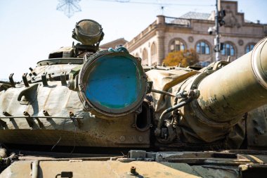 KYIV, UKRAINE - August 21, 2022: Parade before Independent Day of Ukraine with Close up of destroyed military equipment of the russian invaders in the center of the Kyiv.