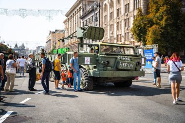 KYIV, UKRAINE - August 21, 2022: Parade before Independent Day of Ukraine with Close up of destroyed military equipment of the russian invaders in the center of the Kyiv.