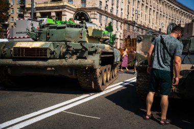 KYIV, UKRAINE - August 21, 2022: Parade before Independent Day of Ukraine with Close up of destroyed military equipment of the russian invaders in the center of the Kyiv.