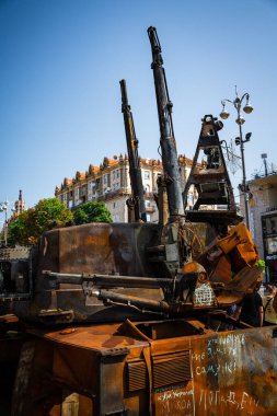 KYIV, UKRAINE - August 21, 2022: Parade before Independent Day of Ukraine with Close up of destroyed military equipment of the russian invaders in the center of the Kyiv.