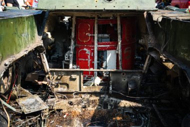 KYIV, UKRAINE - August 21, 2022: Parade before Independent Day of Ukraine with Close up of destroyed military equipment of the russian invaders in the center of the Kyiv.