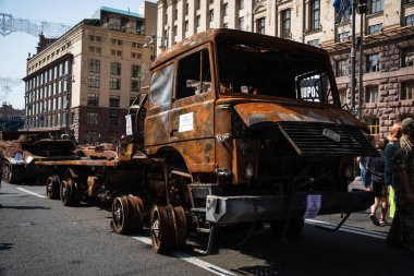 KYIV, UKRAINE - August 21, 2022: Parade before Independent Day of Ukraine with Close up of destroyed military equipment of the russian invaders in the center of the Kyiv.