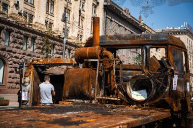 KYIV, UKRAINE - August 21, 2022: Parade before Independent Day of Ukraine with Close up of destroyed military equipment of the russian invaders in the center of the Kyiv.