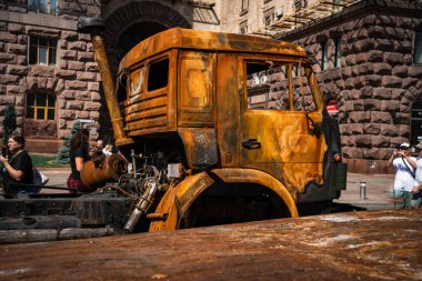 KYIV, UKRAINE - August 21, 2022: Parade before Independent Day of Ukraine with Close up of destroyed military equipment of the russian invaders in the center of the Kyiv.