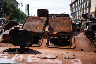 KYIV, UKRAINE - August 21, 2022: Parade before Independent Day of Ukraine with Close up of destroyed military equipment of the russian invaders in the center of the Kyiv.