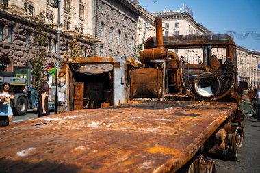 KYIV, UKRAINE - August 21, 2022: Parade before Independent Day of Ukraine with Close up of destroyed military equipment of the russian invaders in the center of the Kyiv.