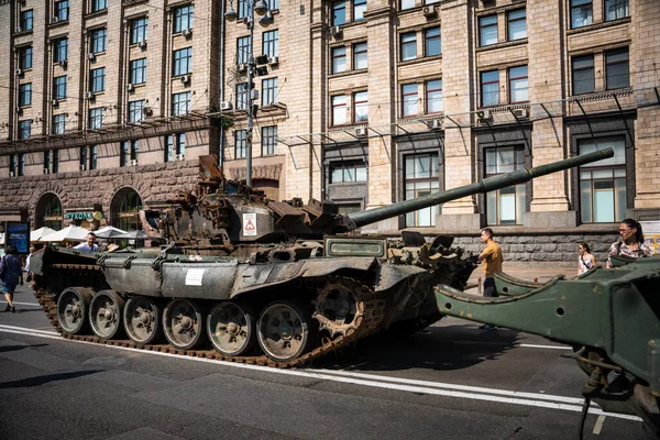 KYIV, UKRAINE - August 21, 2022: Parade before Independent Day of Ukraine with Close up of destroyed military equipment of the russian invaders in the center of the Kyiv.