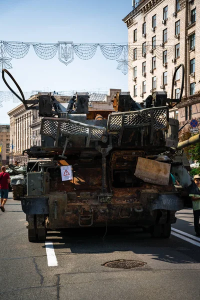 KYIV, UKRAINE - August 21, 2022: Parade before Independent Day of Ukraine with Close up of destroyed military equipment of the russian invaders in the center of the Kyiv.