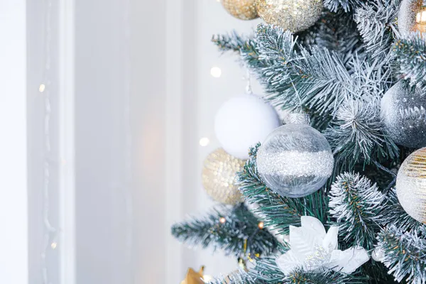 Closeup Christmas tree background, selective focus, high key Stock Photo