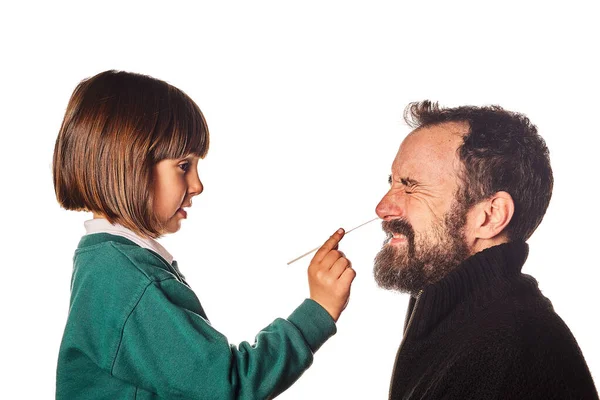 Year Old Caucasian Girl Introducing Cotton Swab Her Father Check Stock Picture