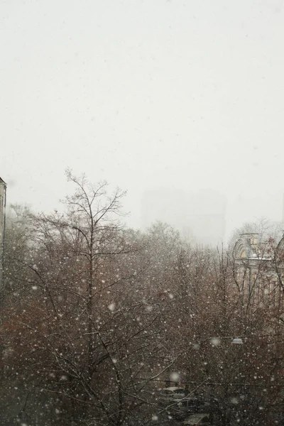鈍い曇りの冬の日に部屋からの通りの景色 最初の雪は通りに落ちます — ストック写真