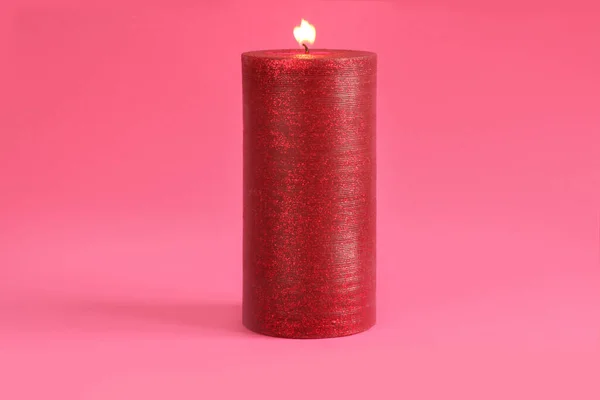 Burning Red Candle Pink Background Closeup — Stock Photo, Image