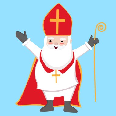 Şirin Aziz Niklas vektör çizimi düz tarzda. Geleneksel cüppeli, sevimli, yaşlı adam Sinterklaas..