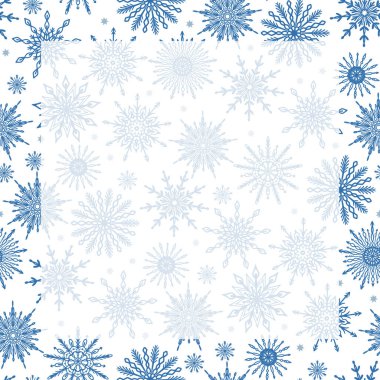 Beyaz arka planda çeşitli kar taneleri ikonları ve kare şeffaf fotokopi alanı olan şirin kış mevsimi desenli arka plan. Noel tasarım şablonu