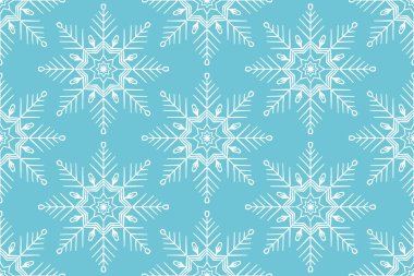 Güzel bir kış mevsimi, parlak mavi üzerine kar tanesi ikonu serpiştirilmiş pürüzsüz desenli bir arka plan. Geometrik süs baskısı, Noel, Yeni Yıl Tekstil Tasarımı.