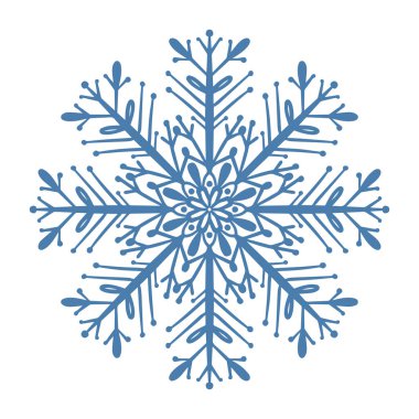 El çizimi mavi kar tanesi simgesi beyaz arkaplanda izole edilmiş. Kış tasarım elementi kar tanesi don kristal taşıyıcı illüstrasyonu