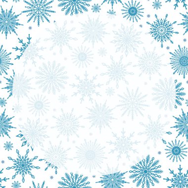 Beyaz arka planda çeşitli kar tanesi ikonları ve şeffaf fotokopi alanı olan çeşitli kar tanesi şenlik kış mevsimi arkaplanlı şirin kış mevsimi desenli arka plan. Noel tasarım şablonu