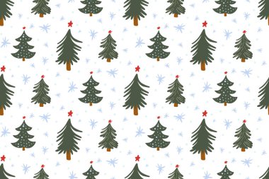 Noel ağacı karalamaları ve çocuksu el çizimleriyle çizilmiş kar taneleriyle tatlı, pürüzsüz bir kış dönemi geçmişi var. Mevsimlik Yeni Yıl bayramı arkaplan dokusu, baskı