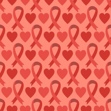 Kırmızı kurdeleli kusursuz desen - AIDS HIV farkındalığı sembolü. Vektör arkaplanı. Sağlık hizmetleri tıbbi konsepti için arkaplan dokusu. Dünya Yardım Günü.