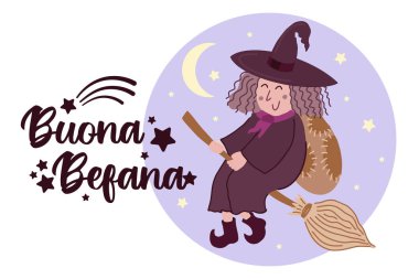 Buona Befana - İtalyanca çeviri - Mutlu Befana - yıldız ve kuyruklu yıldız sembolleriyle süslenmiş harfler. Tatlı Cadı Befana geleneği İtalya 'da süpürgeyle uçan Noel Epifani karakteri.