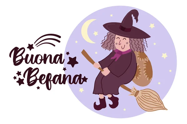 Buona Befana イタリア語翻訳 Happy Befana 星や彗星のシンボルで飾られたレタリング かわいい魔女ベファナの伝統イタリアのクリスマスエピファニーキャラクターはブロムスティックを飛んで — ストックベクタ