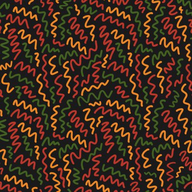 Rastgele çizilmiş, soyut, pürüzsüz desenler geleneksel Afrika renklerinde karalama çizgileri çizer. Siyah arka planda kırmızı, sarı, yeşil. Kwanzaa için etnik zemin, Siyahi Tarihi Ayı, Haziran.