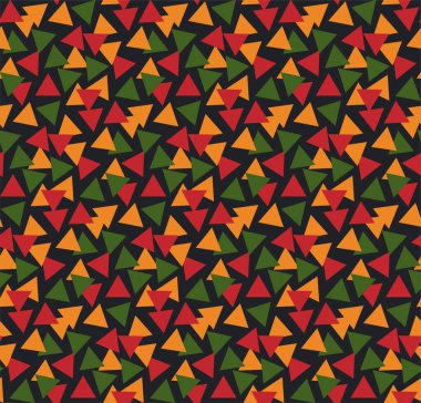 Siyah zemin üzerinde kırmızı, sarı, yeşil ve geleneksel Afrika renklerinde üçgenleri olan parlak soyut geometrik dikişsiz desen. Kwanzaa için Ditsy arkaplanı, Siyah Tarih Ayı, Haziran tasarımı