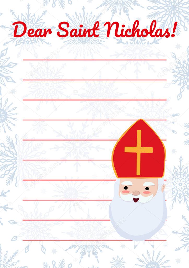 Saint Nicholas letter vector blank empty template with cute face portrait of St Nicholas or Sinterklaas. European winter tradition. Gifts ordering printable mail note