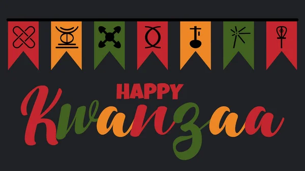 Bandera de Kwanzaa feliz con lindas banderas festivas con siete principios del icono de símbolos de Kwanzaa: celebración afroamericana en Estados Unidos. Ilustración vectorial con letras de texto en colores africanos — Archivo Imágenes Vectoriales