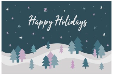 Tatlı, çocuksu bir kış tebrik kartı. Mutlu tatiller, kar ormanı manzarası basit Noel ağaçları karalamaları ve kar taneleri. Minimalist mevsimlik şablon, bayrak