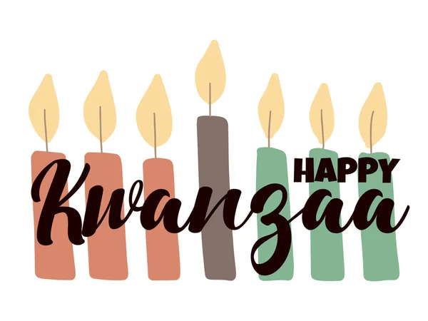 Happy Kwanzaa - wenskaart met schrift belettering en met de hand getekend eenvoudige kinara kaarsen. Afrikaans Amerikaans erfgoed festivalbanner — Stockvector