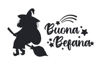 Buona Befana - İtalyanca çeviri - Mutlu Befana - yıldız ve kuyruklu yıldız sembolleriyle süslenmiş harfler. Tatlı Cadı Befana silueti, İtalya 'da geleneksel Noel Epifani karakteri.